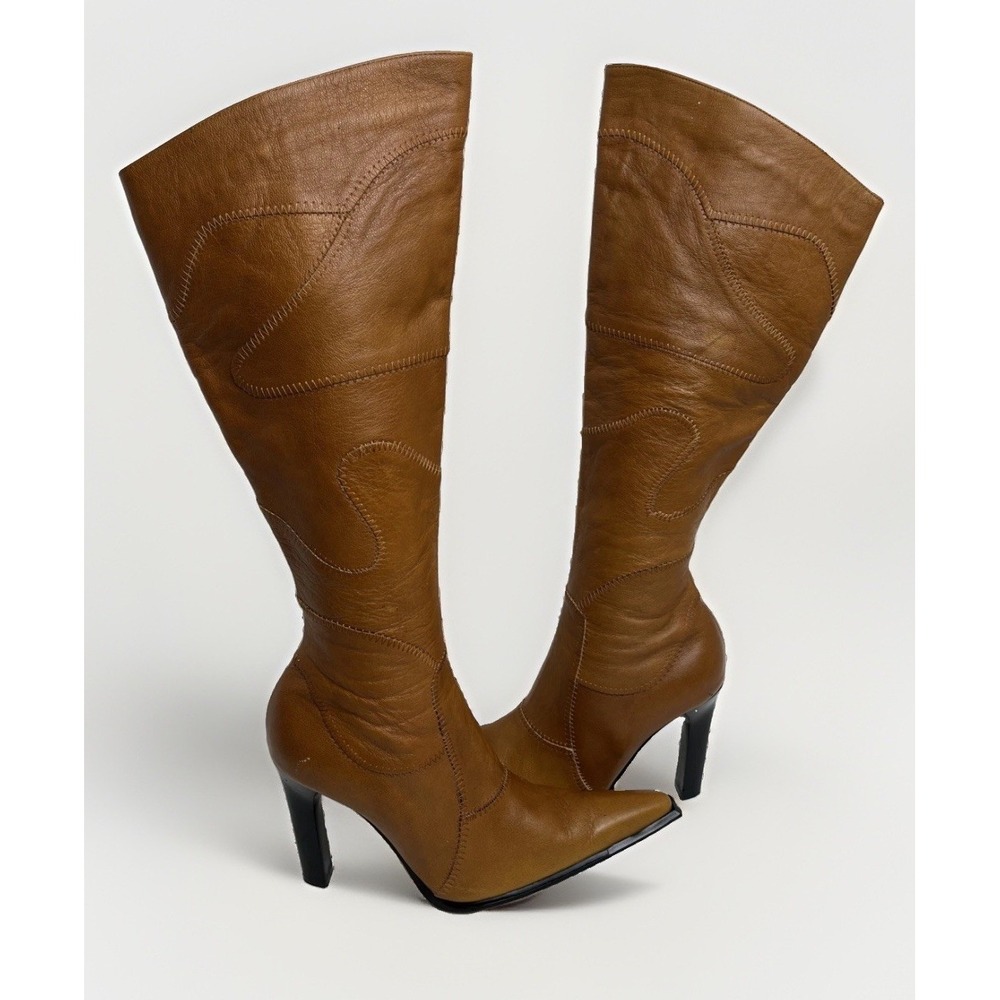 Vintage Wild Orchid Cognac Leather Wavy Patch Stitch Knee High Boots Y2K Size 10